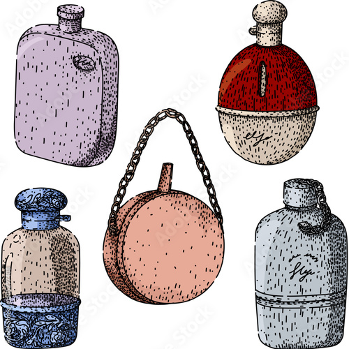 pocket flask set sketch hand drawn vector