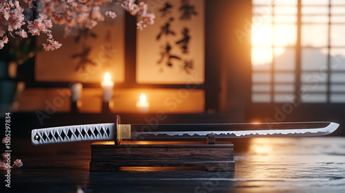 Katana on a traditional wooden stand, soft candlelight, sakura on background