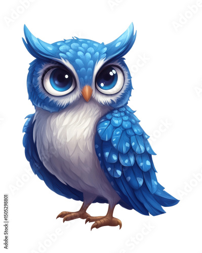 PNG Cute cartoon blue owl with big eyes and detailed feathers