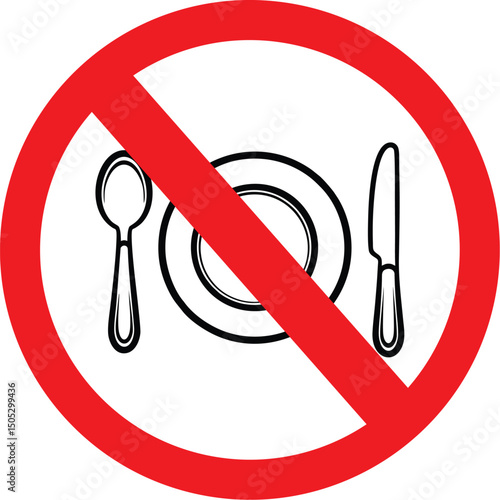 no eating allowed sign with crossed out plate, spoon and knife symbol