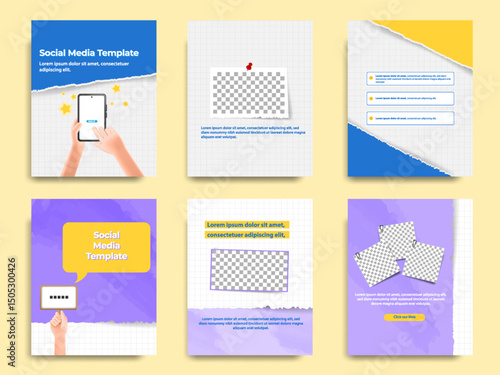 Social media tutorial, tips, trick, did you know post banner layout template set with torn and sticky paper note clips design element