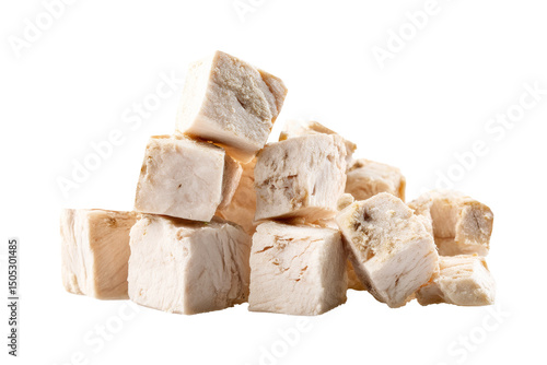 Pile of freeze dried chicken breast cube,for pets food isolated on transparent background.