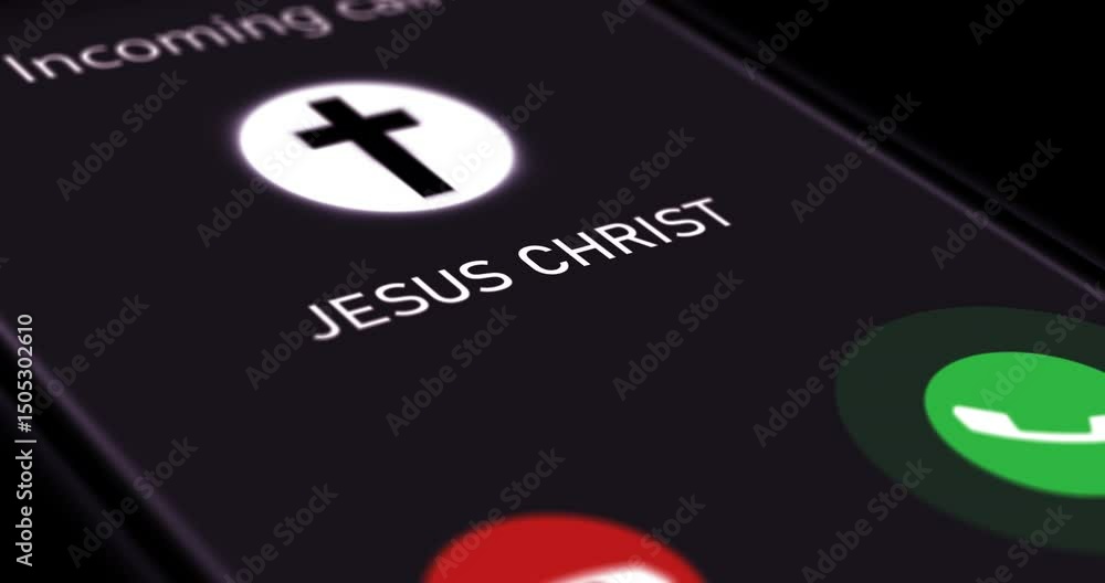 Smartphone screen with incoming call from Jesus Christ, getting phone call from God, a divine sign and a message of hope, footage
