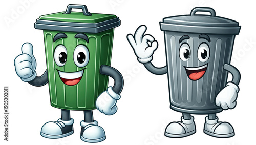 Illustration Trash Cans Green and Gray with Expressive Faces and Poses, Isolated on Transparent Background
