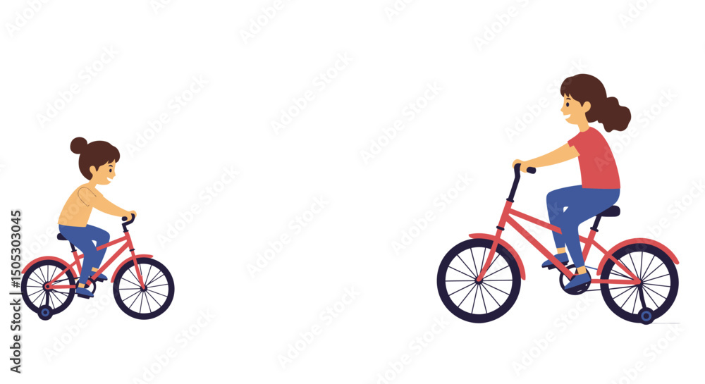 Fototapeta premium Mother and Child Cycling Together with Matching Red Bicycles Joyful Ride