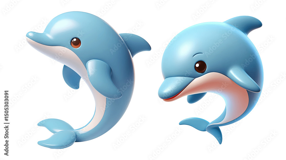 Obraz premium Light Blue 3D Dolphin Illustrations with Sweet Expressions, Isolated on Transparent Background