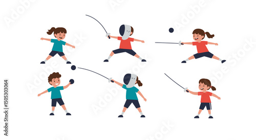 Playful Children Engaging in Fencing and Ball Games Joyful Illustrations