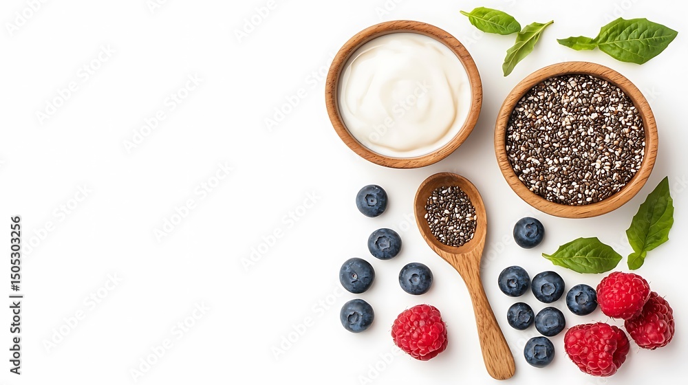 Flatlay of Granola Yogurt Bowl with Chia Seeds and Berries Flatlay of Granola Yogurt Bowl with Chia Seeds and Berries