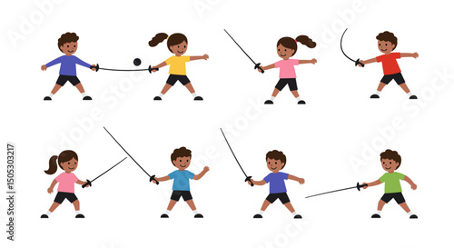 Cartoon Children Fencing with Swords Diverse Group in Action Poses