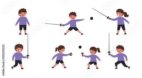 Cartoon Children Practicing Fencing with Swords and Black Protective Masks