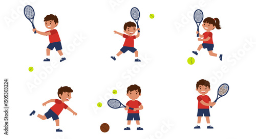 Cartoon children playing tennis with rackets and yellow tennis balls