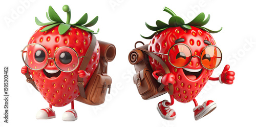 3D Strawberry Mascot with Glasses, a Bag, and a Big Smile, Isolated on Transparent Background