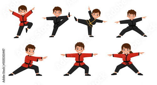 Diverse Children in Martial Arts Poses Displaying Various Kicks and Stances
