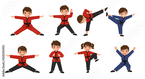 Diverse Children Practicing Martial Arts Poses in Colorful Uniforms