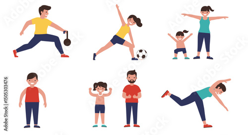 Diverse family fitness activities with kettlebell soccer and stretching poses