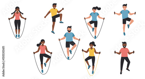 Diverse Group of People Exercising with Jump Ropes in Various Poses