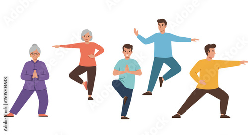 Diverse Group Practicing Tai Chi and Yoga Poses in Harmony