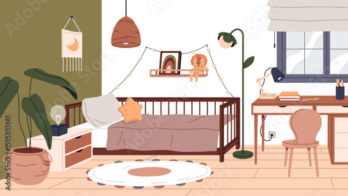 Kids bedroom interior. Cozy modern style childs room with furniture, bed, study desk, table, chair, home plant, window and decoration, comfortable Scandinavian design. Flat vector illustration