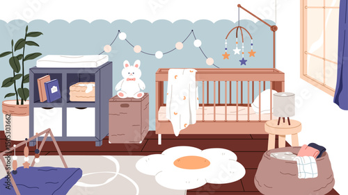 Nursery room interior. Cozy baby bedroom with crib, toys, rug, Scandinavian decoration. Infant kids home design, modern trendy style. Newborns and toddlers playroom. Flat vector illustration