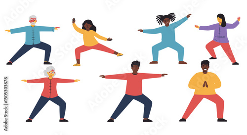 Diverse Group Practicing Tai Chi Poses in Colorful Attire