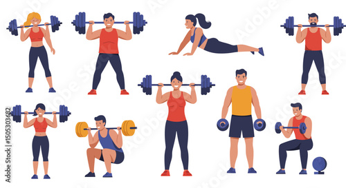 Diverse Individuals Engaging in Various Weightlifting and Exercise Activities