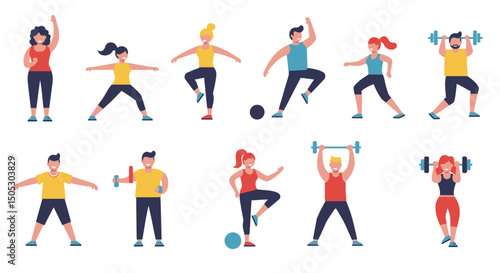 Energetic People Exercising with Weights and Balls in Various Poses
