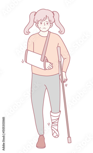 A young girl with an arm sling and bandaged leg bravely navigates on crutches, symbolizing resilience and determination