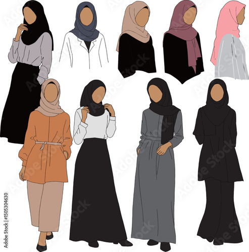 elegant illustrations of women in modest fashion, primarily wearing hijabs, abayas, tunics, and wide-leg pants in a variety of styles and colors.