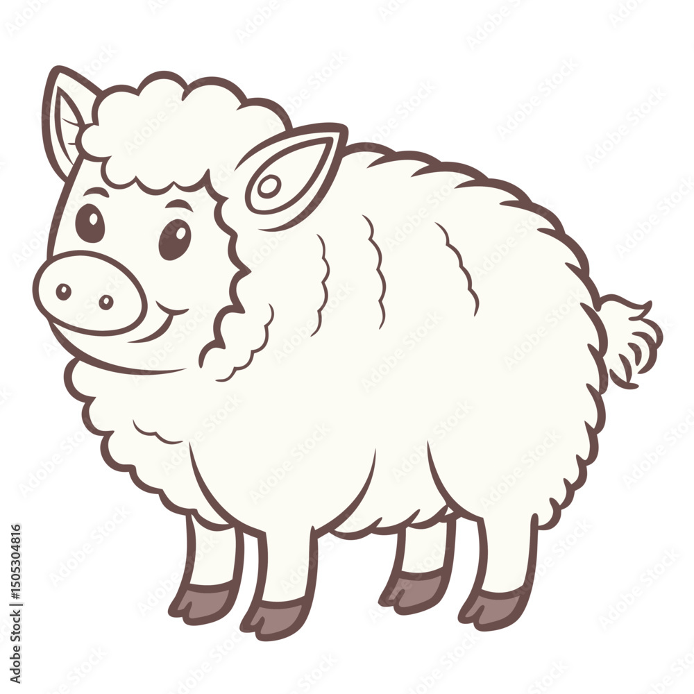 Detailed full-body vector of a Mongolic pig with dense, sheep-like fur on a clean white background. Perfect for wildlife, farm, and animal design projects. Detailed full-body vector of a Mongolic pig with dense, sheep-like fur on a clean white background. Perfect for wildlife, farm, and animal design projects.