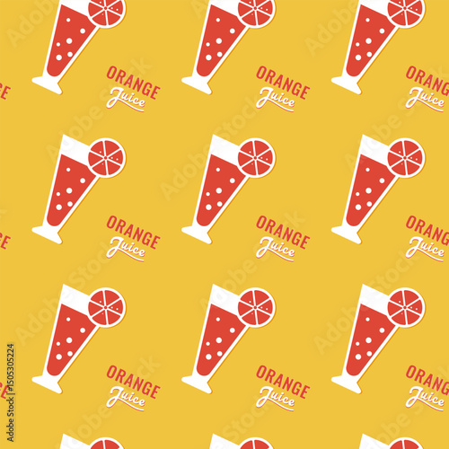 Orange juice in glass in retro aesthetic on a joyful yellow background, seamless pattern. For retro and nostalgic concepts, designing posters, menus, cards, and invitations for themed cocktail parties