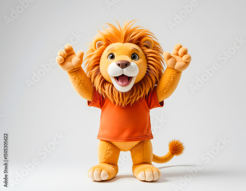 Adorable lion plushie with a sunny disposition, wearing a cheerful orange t-shirt on a white background.