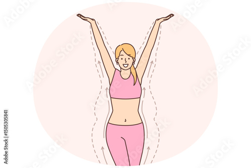 Slender woman standing among lines demonstrating figure before losing weight