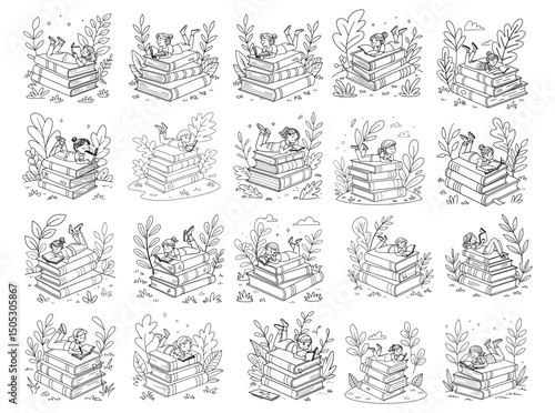 Cute girls relaxing on stacks of books in a whimsical garden setting, collection of twelve illustrations featuring girls relaxing on books in a garden setting,  girls, children, reading, books, stacks