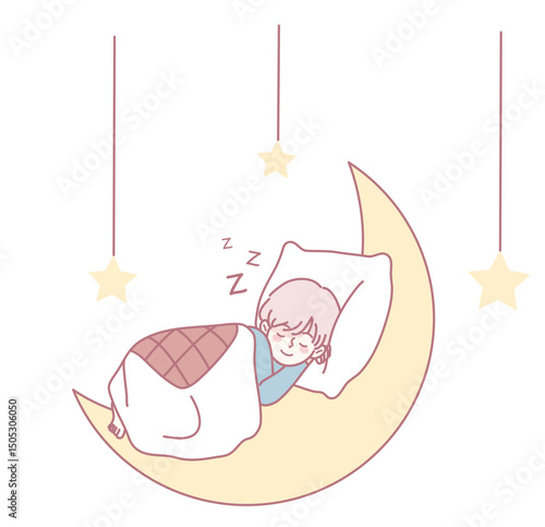 A whimsical and delightful illustration of a child peacefully sleeping comfortably on a crescent moon amidst stars