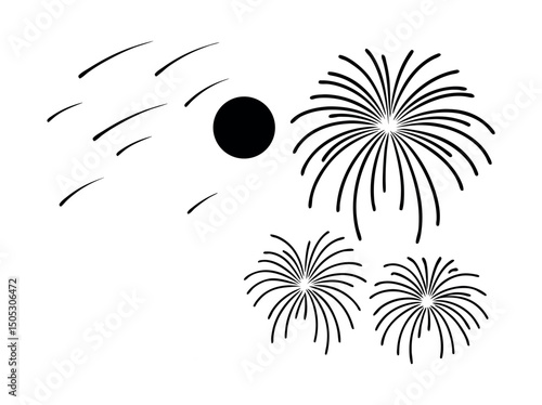 Black and White Fireworks Design Set, graphic design featuring stylized fireworks and shooting stars against a white background, Fireworks Design with Shooting Stars, celebration, holiday, illustratio
