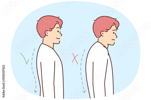 Man with correct and incorrect posture or hidden spine that negatively affects health