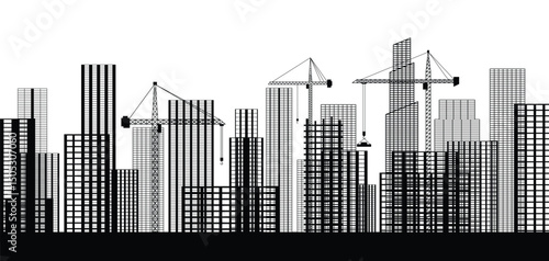 Buildings under construction in monochrome style. Work process on site with cranes and skyscraper under construction. Frame of houses. Horizontal vector illustration of construction