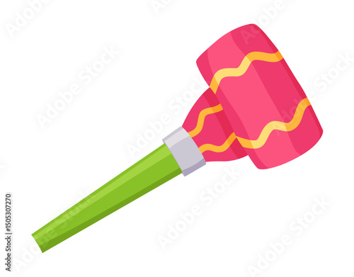 Party blower or noise maker icon. Rolled sound, celebration concept. Flat design of party horn sticker. Vector cartoon illustration
