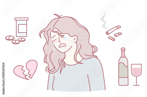An illustration capturing and depicting the complex emotions of heartbreak, addiction, and distress in life