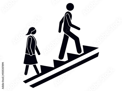 Illustration of people ascending stairs, black and white graphic depicting a man and a woman ascending a staircase, stairs, staircase, stairway, escalator, elevator, ascending, walking, man, woman, pe