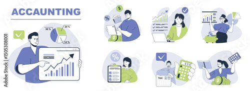 Accounting concept set for web design. Collection with people making financial balance review, tax calculation, banking and investing money. Flat vector illustration isolated on white background.