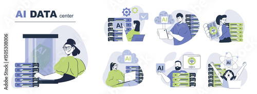AI data center concept set for web design. Collection with people computing with artificial intelligence service, cloud processing and hosting. Flat vector illustration isolated on white background.