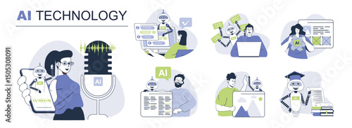 AI technology concept set for web design. Collection with people using chatbot, virtual assistant helping, image generation and data analysis. Flat vector illustration isolated on white background.