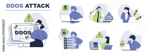 DDoS attack concept set for web design. Collection with people suffering from danger overload network traffic, hacker digital bombs and viruses. Flat vector illustration isolated on white background.