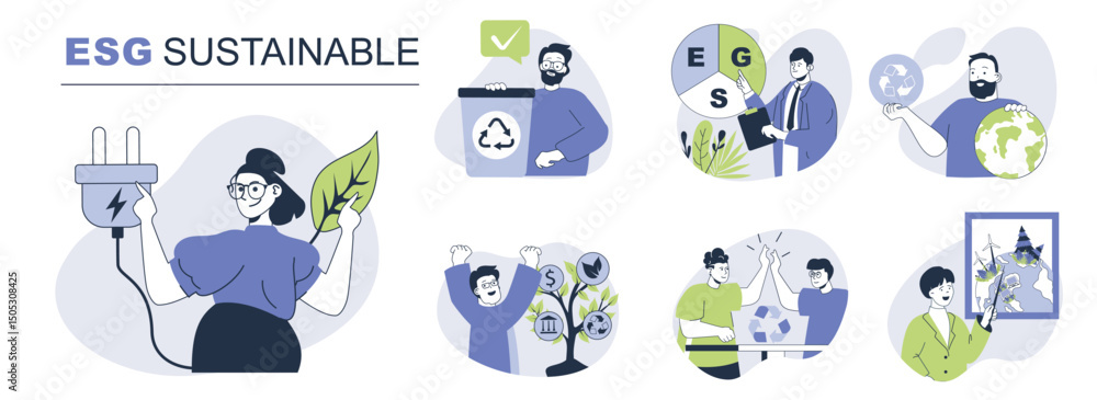 Fototapeta premium ESG sustainable concept set for web design. Collection with people doing eco friendly businesses with circular economy and waste recycling. Flat vector illustration isolated on white background.