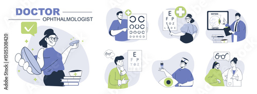 Doctor ophthalmologist concept set for web design. Collection with people visiting eye clinic for eyesight tests, get lens or glasses correction. Flat vector illustration isolated on white background.