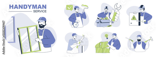 Handyman service concept set for web design. Collection with people doing house repair, installing windows, bricklaying and painting walls. Flat vector illustration isolated on white background.