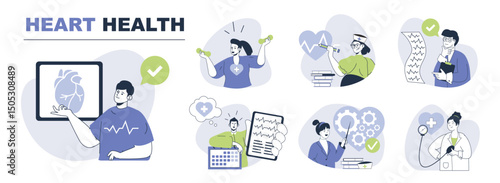 Heart health concept set for web design. Collection with people do cardio training, measuring blood pressure, cardiologist research cardiogram. Flat vector illustration isolated on white background.