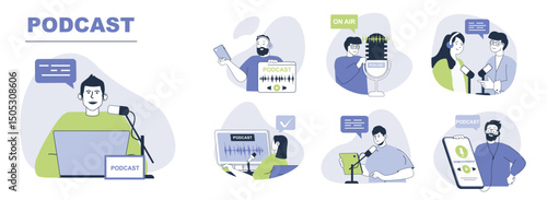Podcast concept set for web design. Collection with people record audio interview or online show, host and guest talking in microphone in studio. Flat vector illustration isolated on white background.