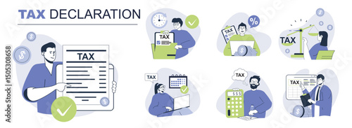 Tax declaration concept set for web design. Collection with people calculating income, filling declaration form online, preparing for payments. Flat vector illustration isolated on white background.